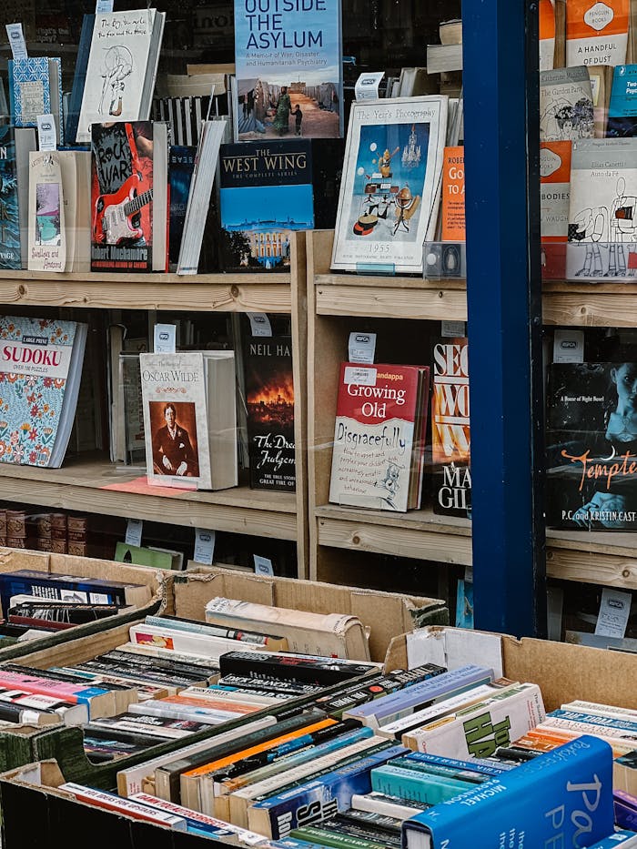 Explore a wide range of books neatly organized on shelves in a book store setting.